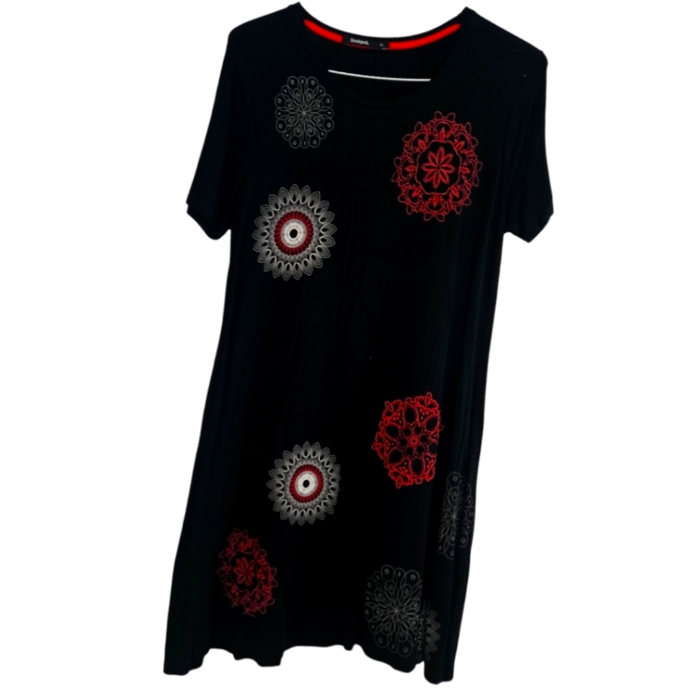 Desigual Black Dress with Red and Gray Patterns
